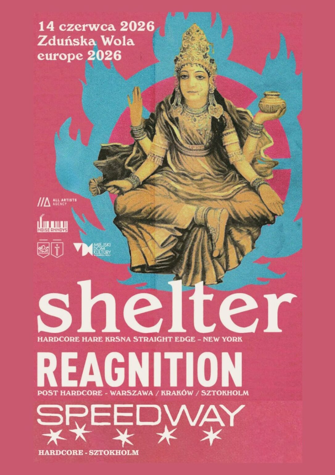 Plakat koncertowy Shelter, Reagnition i Speedway z ilustracją hinduskiego bóstwa i szczegółami wydarzenia w Zduńskiej Woli, Europa, 14 czerwca 2026 roku. Różowe tło.