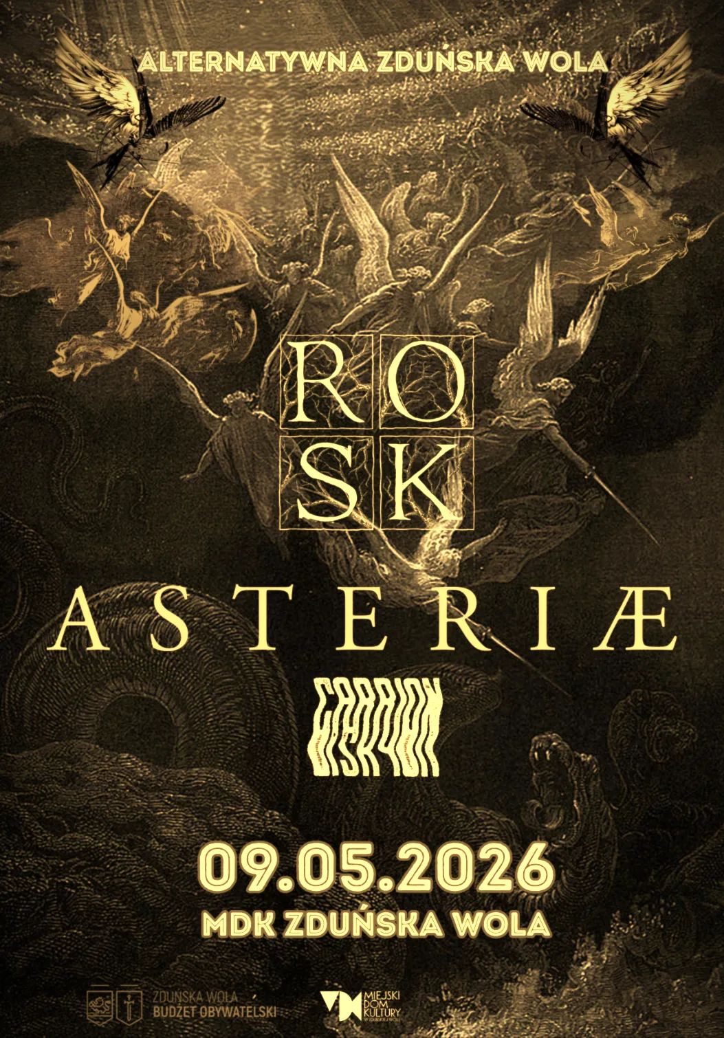 Plakat eventowy z motywami sztuki klasycznej, zawierający tekst: "ROSK ASTERIÆ", "09.05.2026" i "MDK Zduńska Wola" pogrubioną czcionką, z dodatkowym napisem w języku polskim.