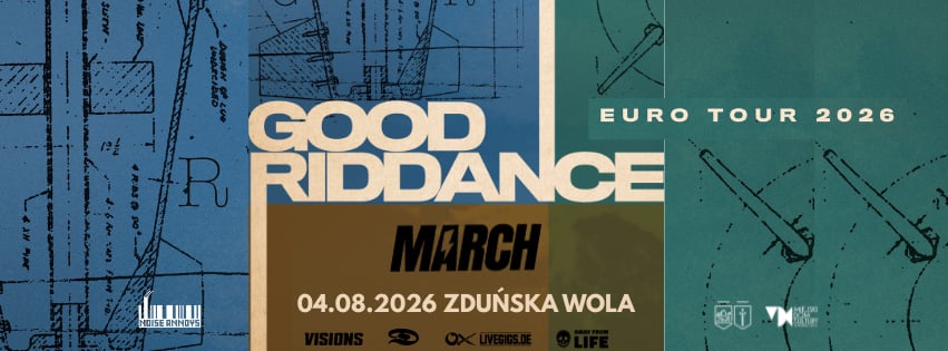 Plakat promocyjny trasy koncertowej Good Riddance Euro Tour 2026, przedstawiający datę koncertu 4 marca 2026 r. w Zduńskiej Woli, z elementami rysunku architektonicznego w tle.