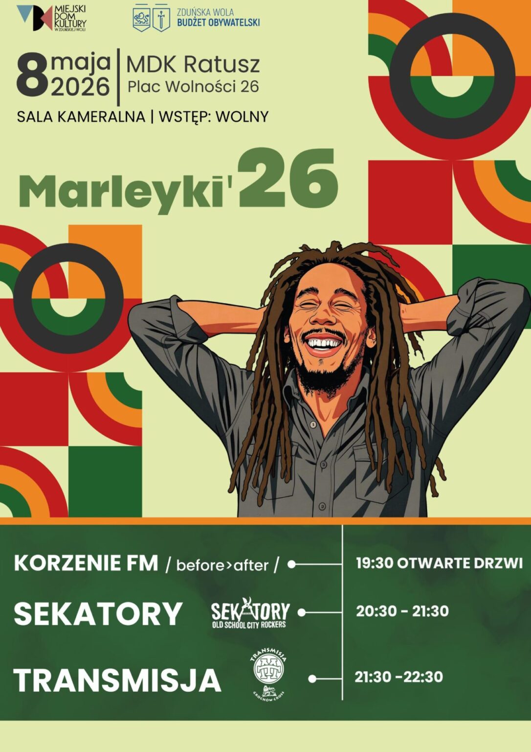 Plakat wydarzenia Marleyki '26 w dniu 8 maja 2026 r., przedstawiający uśmiechniętą osobę z dredami i szczegółami wydarzenia, w tym występami muzycznymi i godzinami.