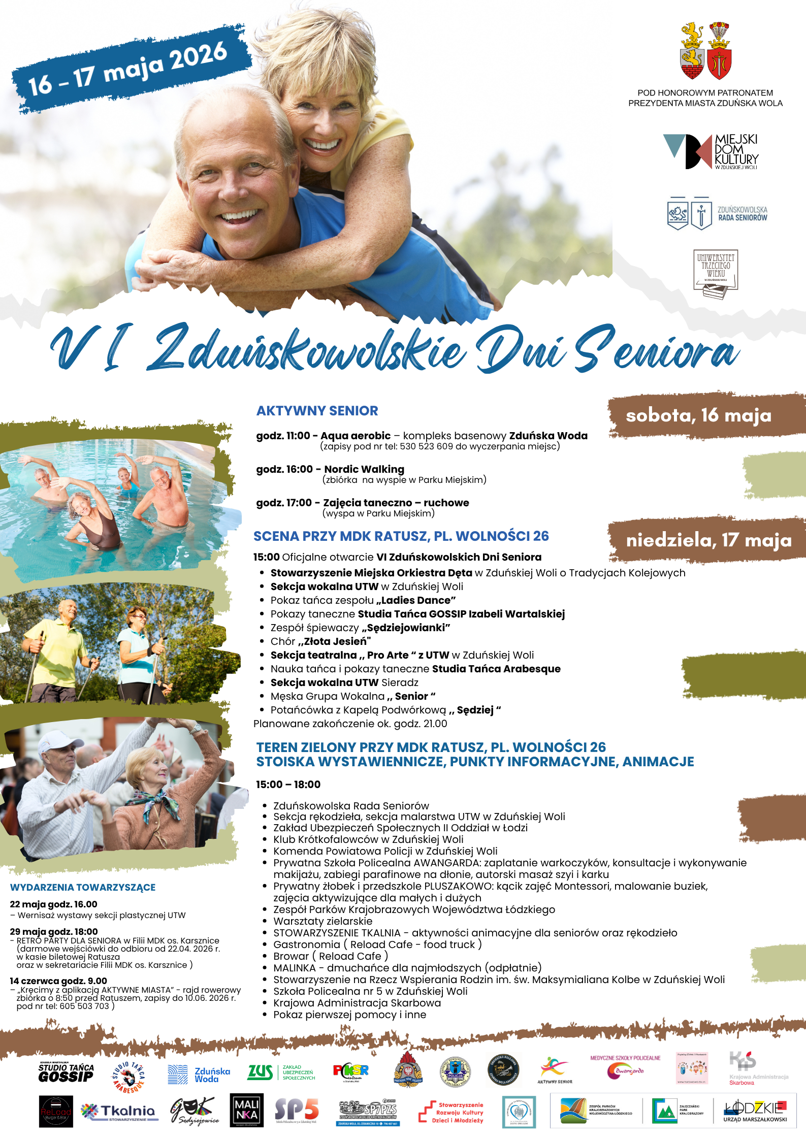 Plakat 6. Zduńskowolskich Dni Seniora w dniach 16-17 maja 2026 r. z wykazem zajęć, harmonogramem i sponsorami wydarzenia oraz zdjęciami seniorów korzystających z zajęć na świeżym powietrzu.